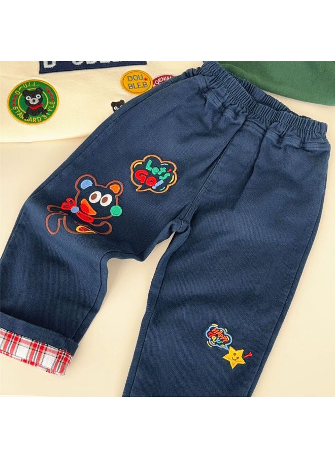 Spring/autumn New Style Boys Casual Pants Soft And Comfortable Cartoon Embroidery Outing Woven Roll-up Hem Long Pants - Image 3