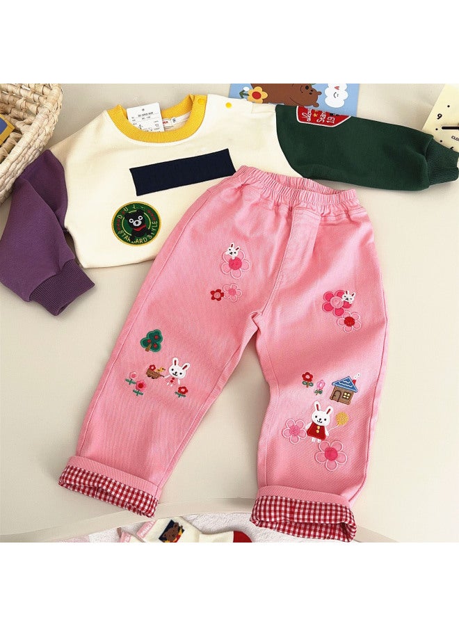 Spring/autumn New Style Boys Casual Pants Soft And Comfortable Cartoon Embroidery Outing Woven Roll-up Hem Long Pants - Image 4