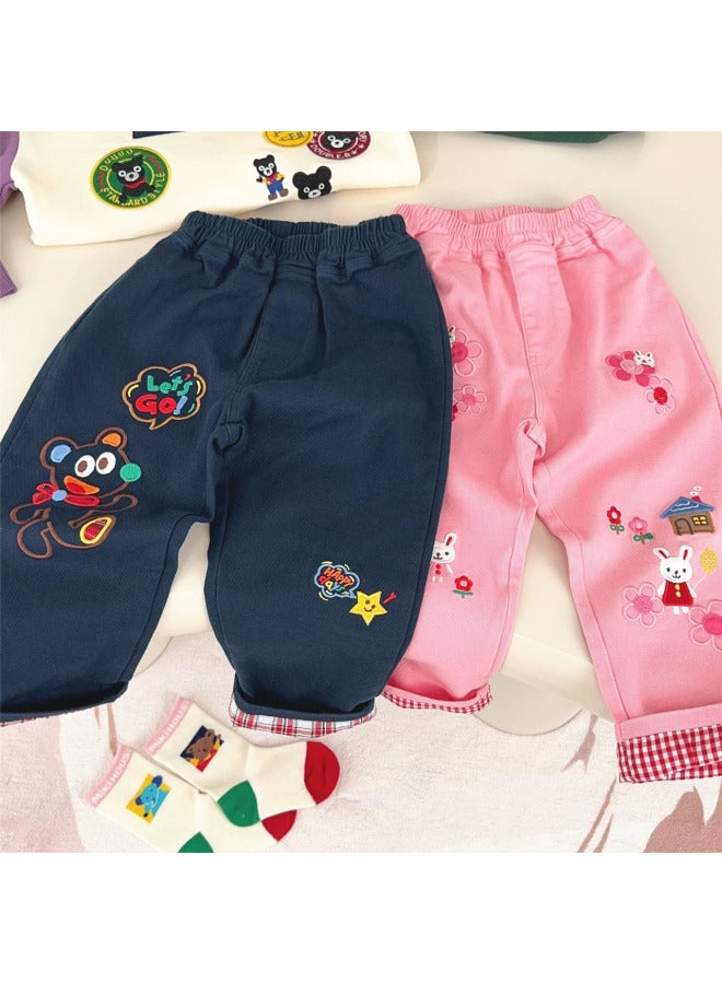 Spring/autumn New Style Boys Casual Pants Soft And Comfortable Cartoon Embroidery Outing Woven Roll-up Hem Long Pants - Image 2