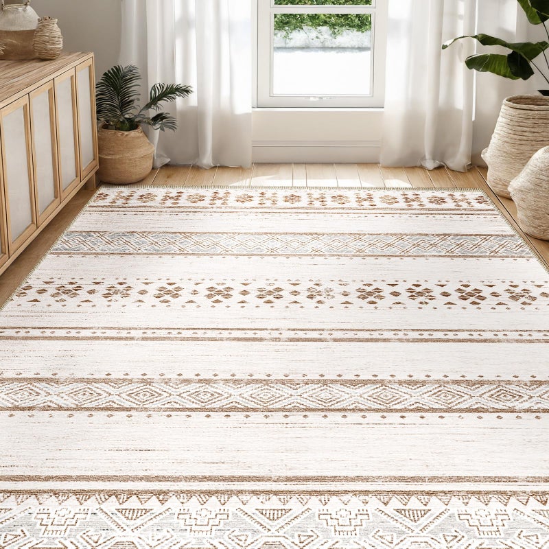 BESTSWEETIE 5x7 Area Rug for Living Room Washable Rug Moroccan Farmhouse Neutral Geometric Low Pile Water Repellent Non-Slip Soft Rug for Dining Room Bedroom Cream/Brown - Image 1
