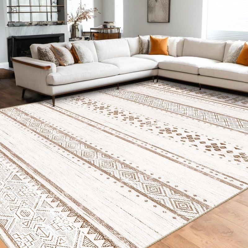 BESTSWEETIE 5x7 Area Rug for Living Room Washable Rug Moroccan Farmhouse Neutral Geometric Low Pile Water Repellent Non-Slip Soft Rug for Dining Room Bedroom Cream/Brown - Image 2