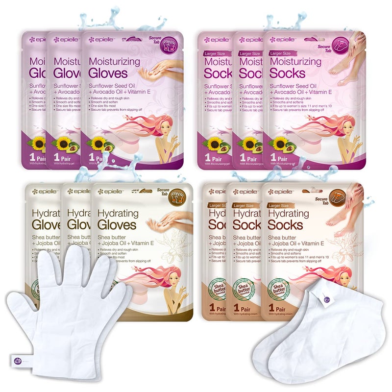 Epielle Hydrating Moisturizing Hand Foot Masks 12 Pairs Relieve and Soften Dry Hands Cracked Heels with Shea Butter Sunflower Seed Oil Korean Skin Care Spa Set Self Care Gifts for Women
