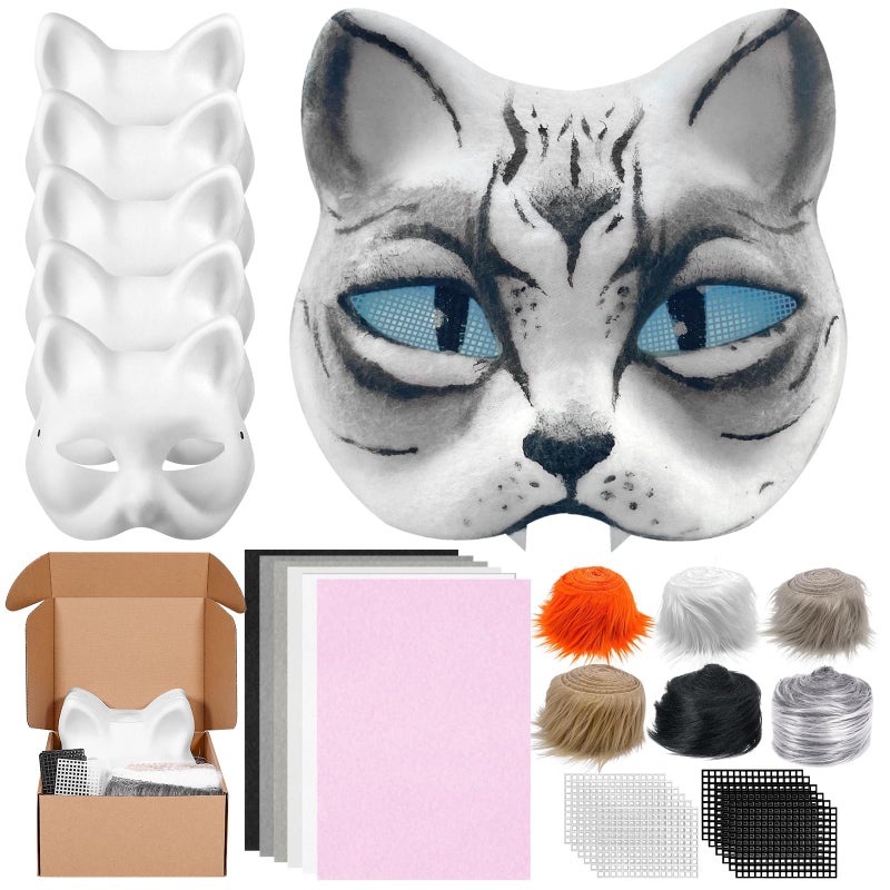 Draupnir 6Pcs Therian Mask Kit Cat Fox Mask with Felt Fabric Sheet, Fur and Eye Mesh, DIY Blank White Paper Cat Face Mask to Paint - Image 1