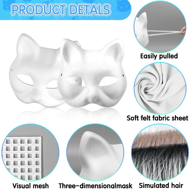 Draupnir 6Pcs Therian Mask Kit Cat Fox Mask with Felt Fabric Sheet, Fur and Eye Mesh, DIY Blank White Paper Cat Face Mask to Paint - Image 3