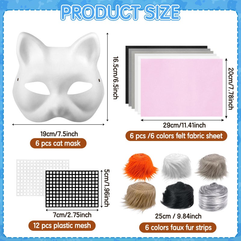 Draupnir 6Pcs Therian Mask Kit Cat Fox Mask with Felt Fabric Sheet, Fur and Eye Mesh, DIY Blank White Paper Cat Face Mask to Paint - Image 2