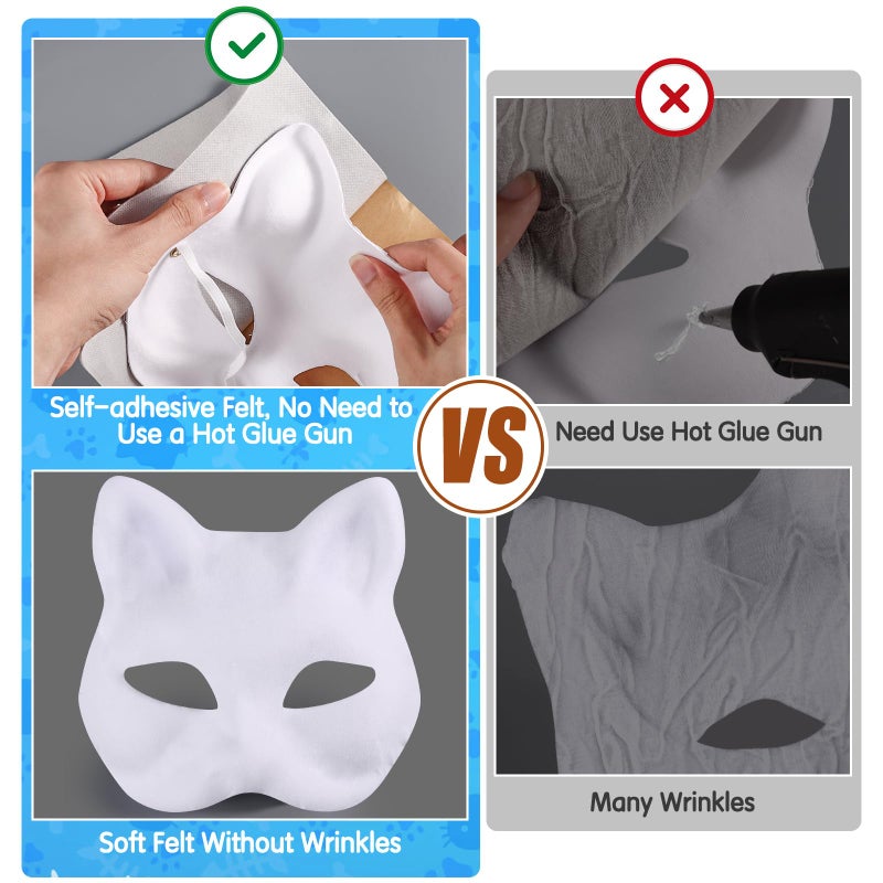 Draupnir 6Pcs Therian Mask Kit Cat Fox Mask with Felt Fabric Sheet, Fur and Eye Mesh, DIY Blank White Paper Cat Face Mask to Paint - Image 5