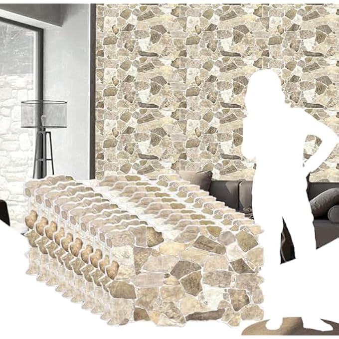 REAZ245WB-10 BROWN BEIGE FAUX STONE PVC 3D WALL PANEL, 3.2 FT X 2.1 FT (98CM X 63CM), INTERIOR DESIGN WALL PANELING DECOR, 6.7 SQ. FT. (0.62 SQ. M) EACH, PACK OF 10 - Image 2