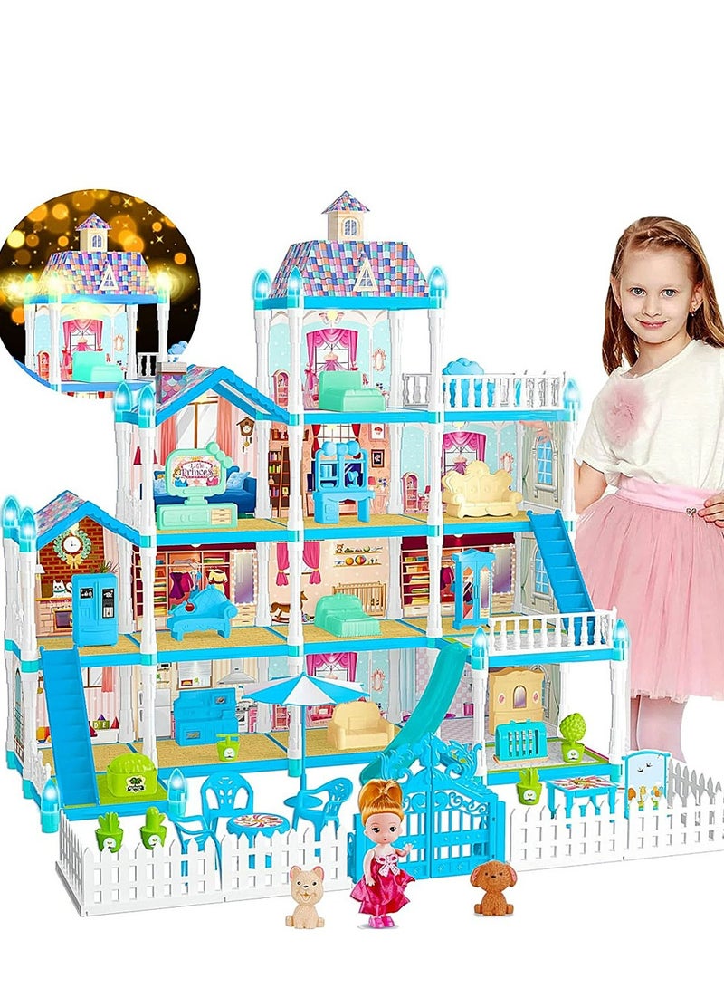 Doll House for Girls,13 Rooms Dollhouse with Dolls Figure, Puppies,Furnitures, Accessories, Doll House Building Toys, Toddler Playhouse Gift for for 3 4 5 6 7 8 9 10 Year Old Girls Toys (Blue)  - Image 1