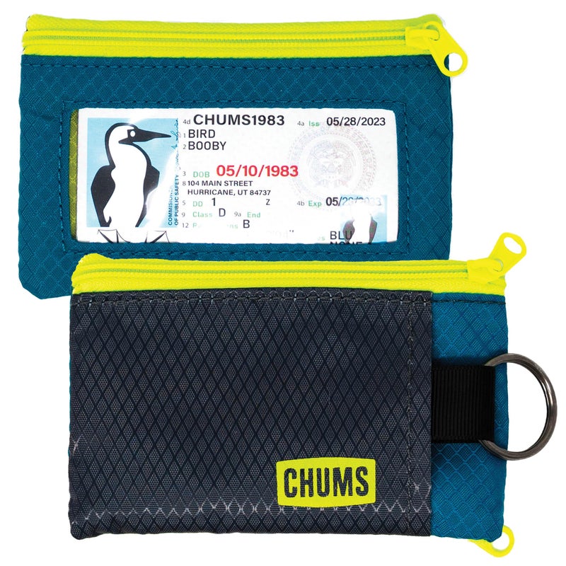 Chums Surfshorts Wallet - Lightweight Slim Wallet with RFID Blocking Card & Clear ID Window - Zippered, Minimalist Wallet w/Key Ring (Dark Grey/Neon) - Image 1
