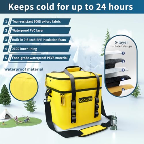 Lanedo Lunch Soft Cooler 20 Can, Soft Carrying Handle Insulated Bag Portable Ice Chest Box for Lunch, Beach, Drink, Beverage, Travel, Camping, Picnic, Car, Trips, Cooler Leak-Proof (Orange) - Image 5