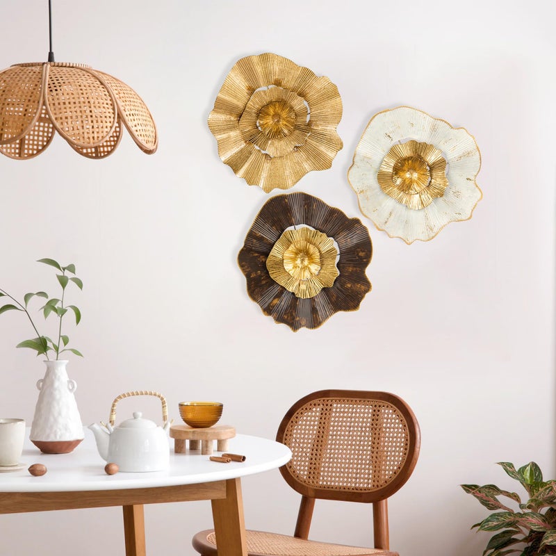 Briful 12" Gold Wall DÃ©cor Pack of 3 Metal Flower Plate Wall Art Modern Accent Hanging Wall Decorations For Home Office Bedroom Or Living Room Wall Sculptures - Image 4