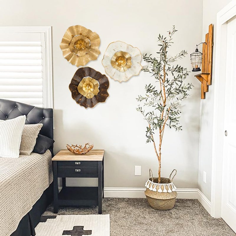 Briful 12" Gold Wall DÃ©cor Pack of 3 Metal Flower Plate Wall Art Modern Accent Hanging Wall Decorations For Home Office Bedroom Or Living Room Wall Sculptures - Image 3