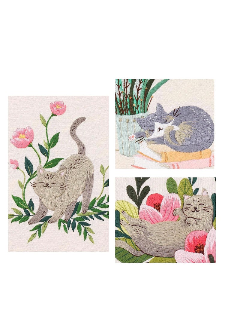Cat Embroidery Kit, Adult Embroidery Kit, DIY Adult Beginner Cross Stitch Kits Set of 3 Patterns, with 3 Sets of Threads, Needles and Instruction Manual - Image 2