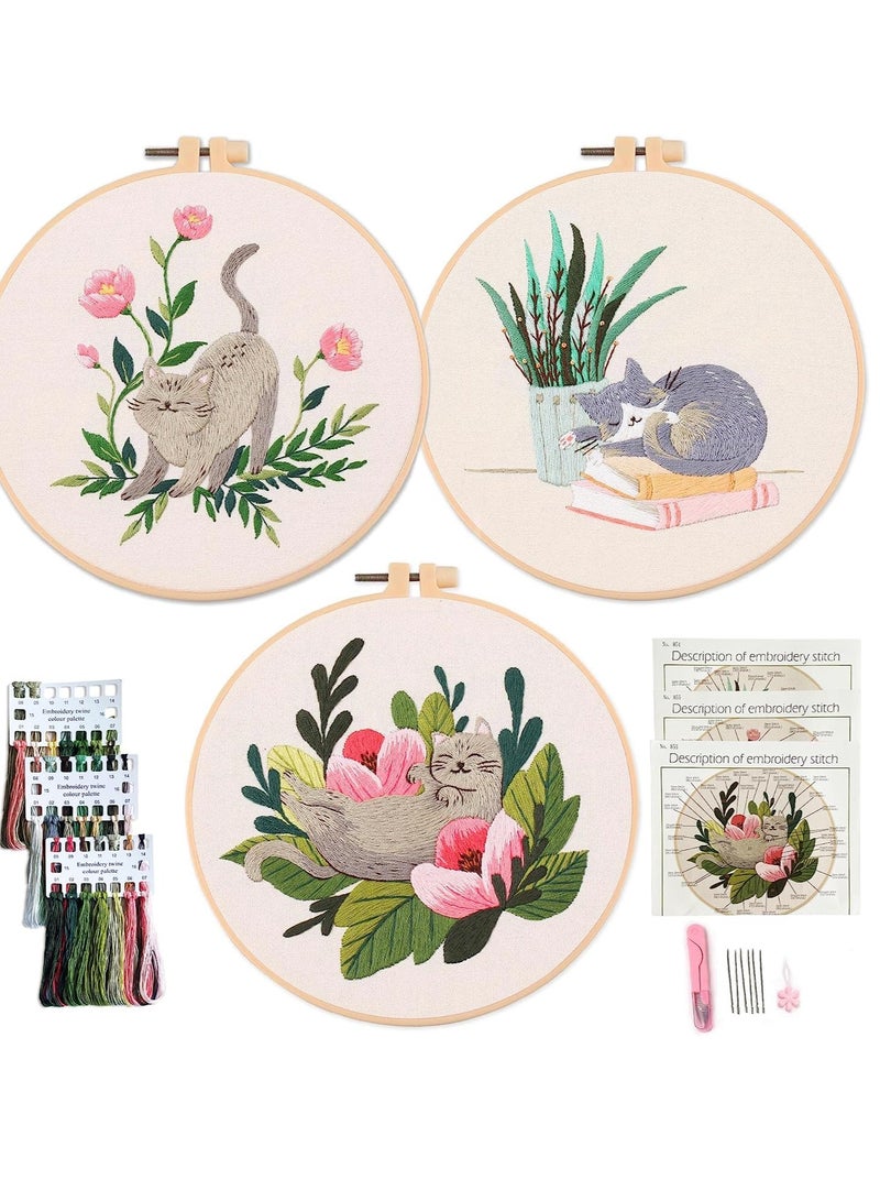 Cat Embroidery Kit, Adult Embroidery Kit, DIY Adult Beginner Cross Stitch Kits Set of 3 Patterns, with 3 Sets of Threads, Needles and Instruction Manual - Image 1