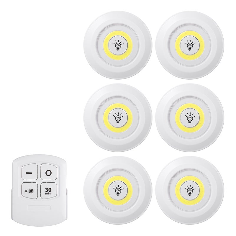 4.5v 1W COB LED Puck Light 6 Pack with Remote Controller Brightness Adjustable Wireless Dimmable Touch Sensor Control Night Lamp Under Cabinet Lighting Battery Powered Operated for Cabinet Wall Stairs Front Door Cupboard Wardrobe Bedroom Portable Whi - Image 1