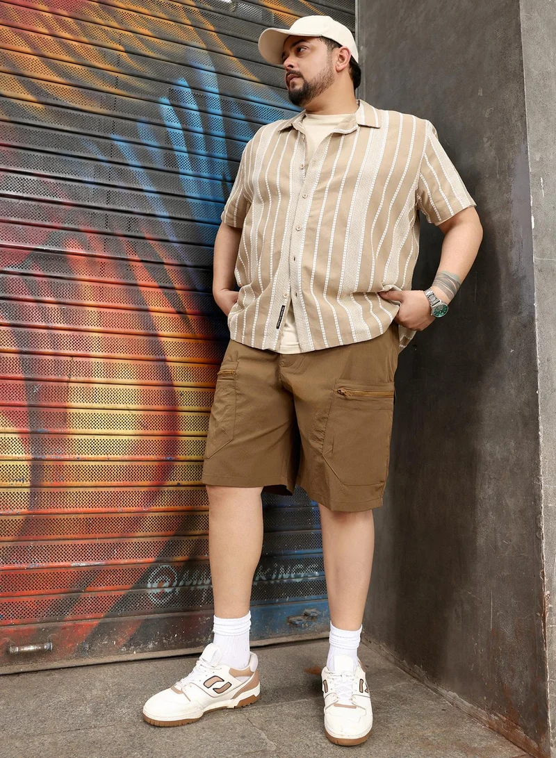 انستافاب بلس Instafab Plus Men Modular-Utility Shorts | Mid-Rise , Elasticated -Waistband | Button Closure , Straight Hem | Solid Textured | Woven Fabric For Street & Casual Wear | Olive Brown