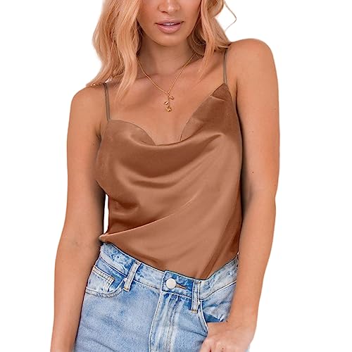 Miessial Women's Spaghetti Straps V Neck Satin Camisole Sleeveless Soft Tank Tops Khaki 12 - Image 1
