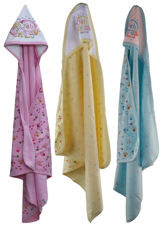 Favism Pure Cotton Soft Breathable New Born Baby Bath Towel with Hood Pack of 3 pcs, Lemon Pink Blue, Size 30 x 30 inch, 0-24 Months, Unisex - Image 1