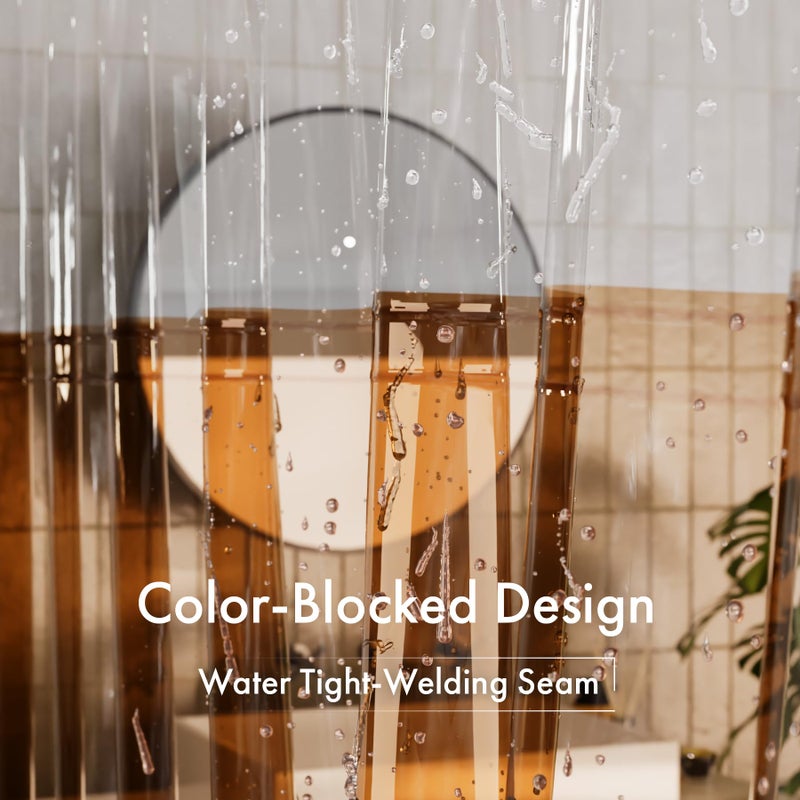 AmazerBath 100% EVA Shower Curtain Liner, 72 x 72 Inches Heavy Duty Shower Curtain and Liner 2-in-1 with 3 Clear Stones and 12 Brass Grommets, Color Block Soft Shower Liner - Clear & Amber - Image 2