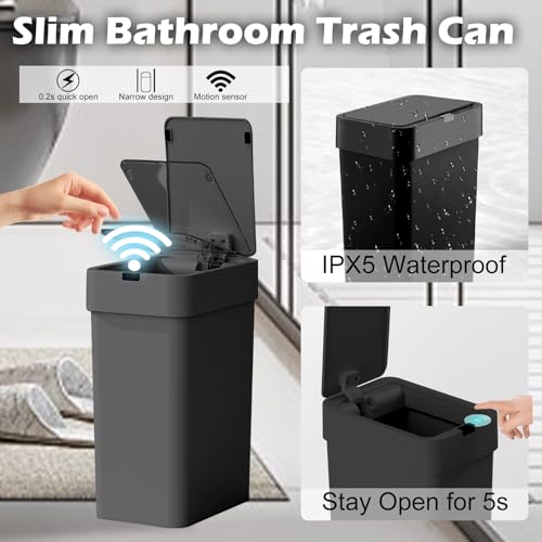 ELPHECO Bathroom Trash Can with Lid, 2 Pack Automatic Garbage Can, 2.5 Gallon + 4 Gallon Motion Sensor Smart Bathroom Decor, Slim Waterproof Trash Bins for Bedroom, Office, Living Room, Black - Image 5
