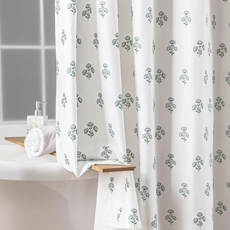 Lino Rosa Blue and Green Boho Vintage Floral Shower Curtain for Bathroom,Modern Farmhouse Light Blue and White Block Print Botanical Waterproof Cloth Fabric Shower Curtain Set with Hooks,72x72 Inch - Image 5