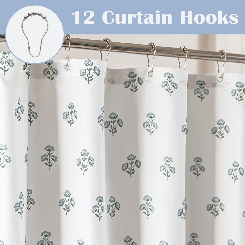 Lino Rosa Blue and Green Boho Vintage Floral Shower Curtain for Bathroom,Modern Farmhouse Light Blue and White Block Print Botanical Waterproof Cloth Fabric Shower Curtain Set with Hooks,72x72 Inch - Image 3
