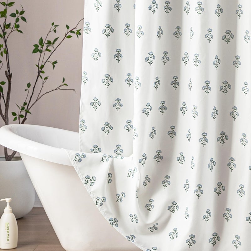 Lino Rosa Blue and Green Boho Vintage Floral Shower Curtain for Bathroom,Modern Farmhouse Light Blue and White Block Print Botanical Waterproof Cloth Fabric Shower Curtain Set with Hooks,72x72 Inch - Image 2