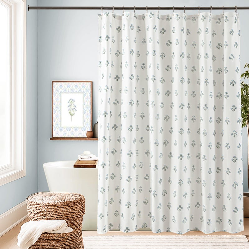 Lino Rosa Blue and Green Boho Vintage Floral Shower Curtain for Bathroom,Modern Farmhouse Light Blue and White Block Print Botanical Waterproof Cloth Fabric Shower Curtain Set with Hooks,72x72 Inch - Image 1