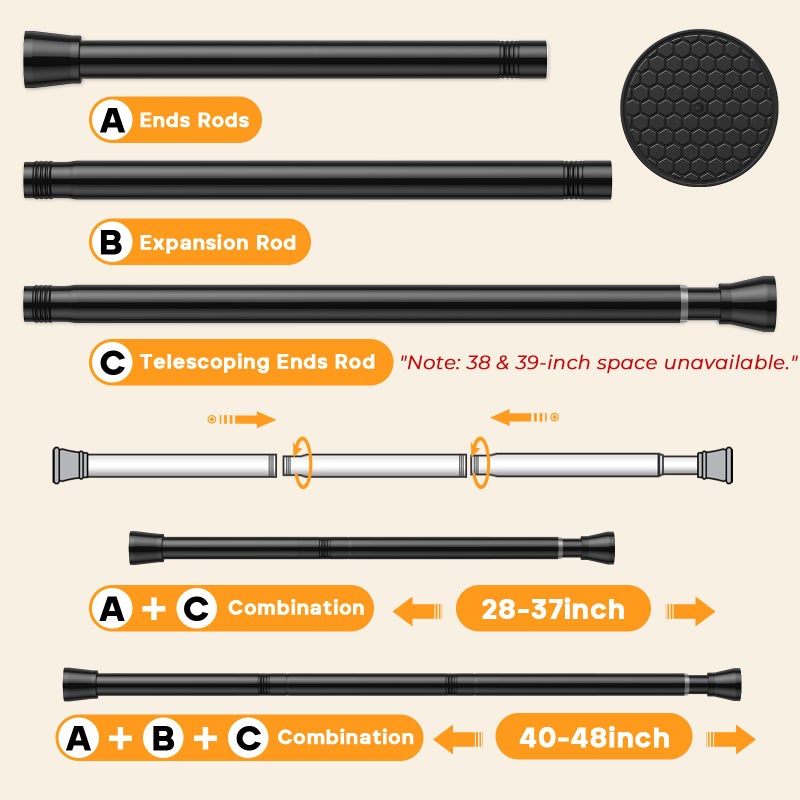 Fvonzn Tension Rods for Windows 28 to 48 Inch - Black Tension Curtain Rod | Spring Tension Rod, No Drill, Non Slip, Adjustable Curtain Rods - Image 2