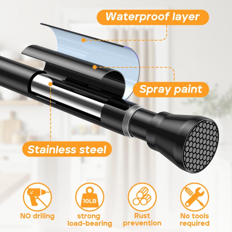 Fvonzn Tension Rods for Windows 28 to 48 Inch - Black Tension Curtain Rod | Spring Tension Rod, No Drill, Non Slip, Adjustable Curtain Rods - Image 3