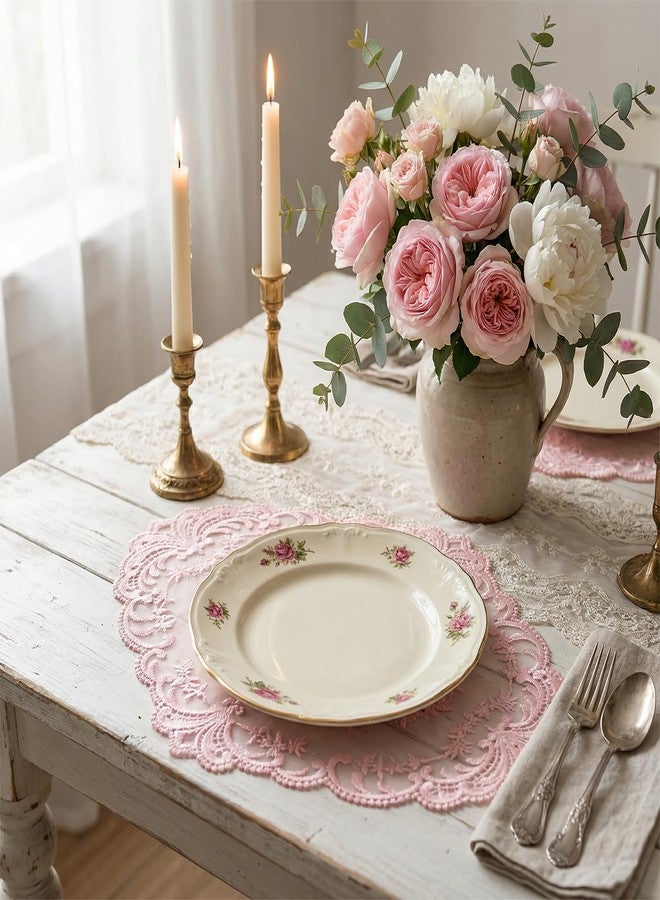 Qulkws 2 Pcs Retro Lace Placemats 12''x16'' Lace Doilies for Tables French Crochet Doilies Pink Oval Place Mats Cup Mat Handmade Embroidered Table Mats for Wedding Home Decor - Image 5
