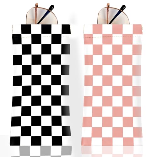 Anikathy 2Pcs Sunglass Eyeglass Glasses Case Soft PU Leather with Cleaning Cloth Soft Sunglasses Case Cute Aesthetic Portable Travel Glasses Pouch Bag for Men Women Girls（Checkered Pattern - Image 1