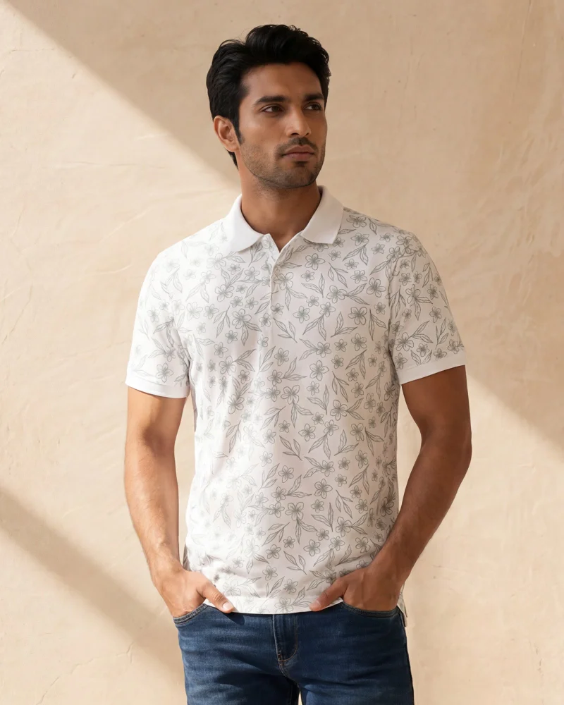 Redtag Men Ivory all over Print Polo T-Shirt