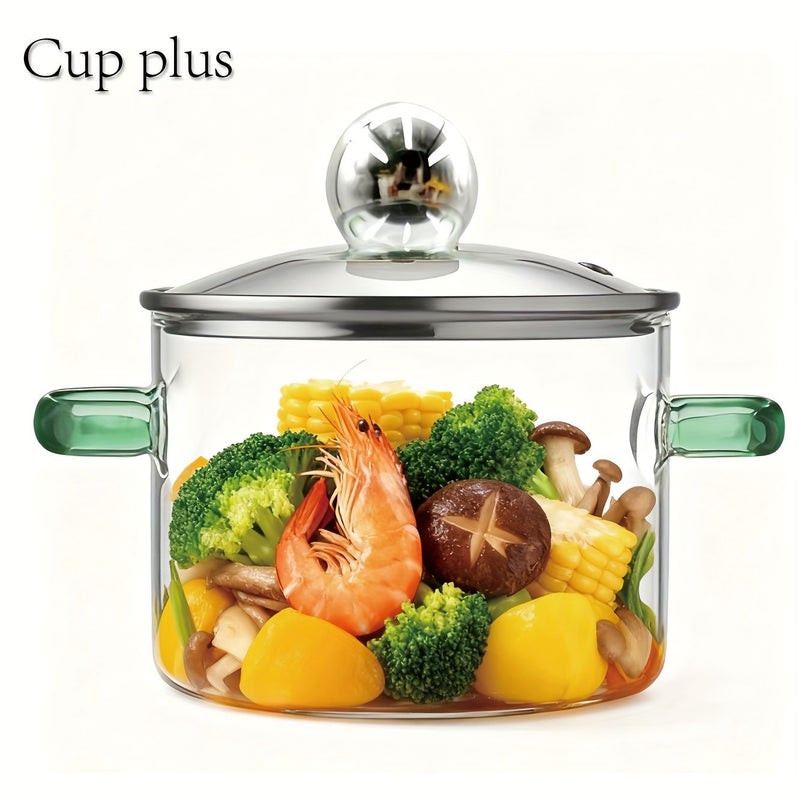 Green Glass Pot With Silvery Lid 1.5 Liter 50 Ounce Stovetop Cooking Heat-Resistant Transparent Stew Pot Anti-Scald Handle Suitable for Hot Pot Soup Milk and Tea - Image 1