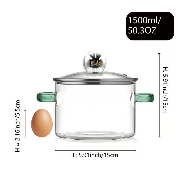 Green Glass Pot With Silvery Lid 1.5 Liter 50 Ounce Stovetop Cooking Heat-Resistant Transparent Stew Pot Anti-Scald Handle Suitable for Hot Pot Soup Milk and Tea - Image 2