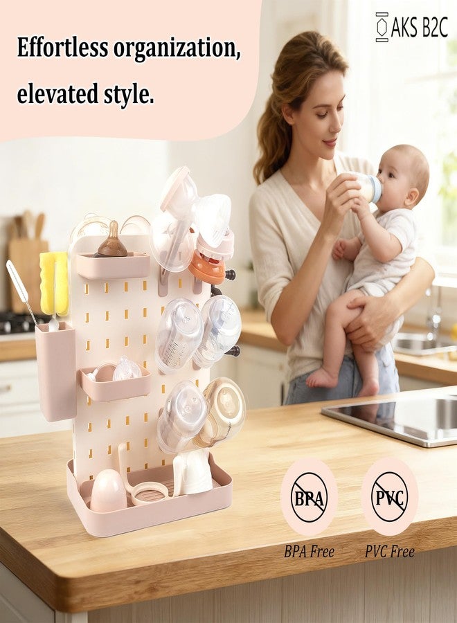 AKS B2C Larger Baby Bottle Drying Rack Space Saving Countertop Vertical Rack with Brushes Holder (Pink) - Image 5
