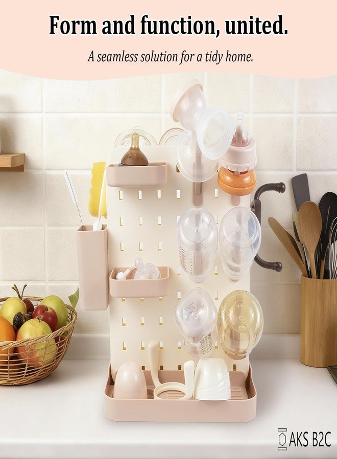AKS B2C Larger Baby Bottle Drying Rack Space Saving Countertop Vertical Rack with Brushes Holder (Pink) - Image 2