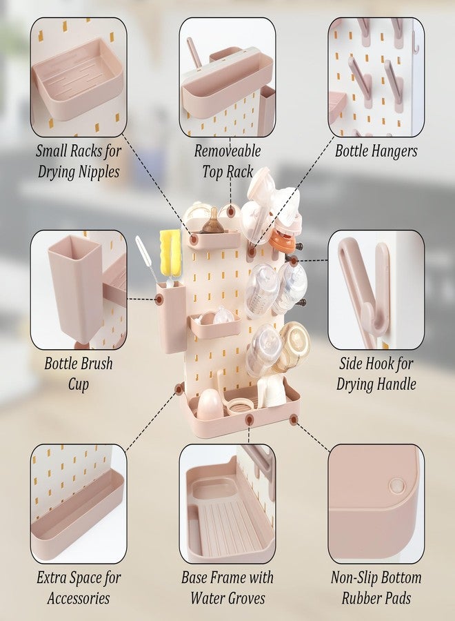 AKS B2C Larger Baby Bottle Drying Rack Space Saving Countertop Vertical Rack with Brushes Holder (Pink) - Image 4