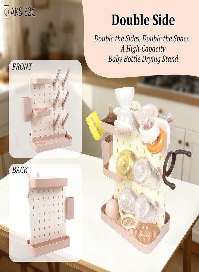 AKS B2C Larger Baby Bottle Drying Rack Space Saving Countertop Vertical Rack with Brushes Holder (Pink) - Image 3