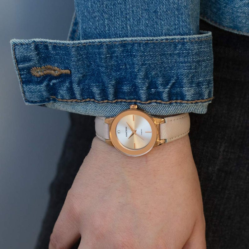 Armitron Women's 75/5410RSRGBH Diamond-Accented Rose Gold-Tone and Beige Leather Strap Watch - Image 2