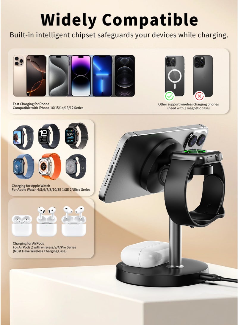 TONEOF 15W Wireless Charger for iPhone, 3 in 1 Charging Station for Multiple Devices, Charging Stand for Magsafe, Qi2 Certified, Strong Magnetic Attraction, Adjustable Angle, for iPhone 17/16/15/14, Apple Watch, AirPods - Image 3