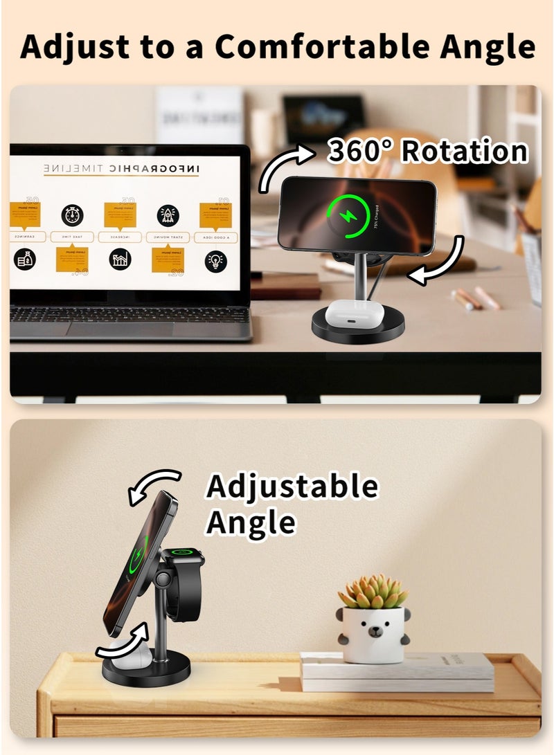 TONEOF 15W Wireless Charger for iPhone, 3 in 1 Charging Station for Multiple Devices, Charging Stand for Magsafe, Qi2 Certified, Strong Magnetic Attraction, Adjustable Angle, for iPhone 17/16/15/14, Apple Watch, AirPods - Image 5