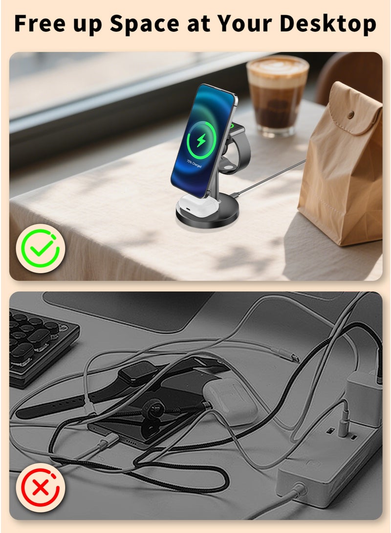 TONEOF 15W Wireless Charger for iPhone, 3 in 1 Charging Station for Multiple Devices, Charging Stand for Magsafe, Qi2 Certified, Strong Magnetic Attraction, Adjustable Angle, for iPhone 17/16/15/14, Apple Watch, AirPods - Image 4
