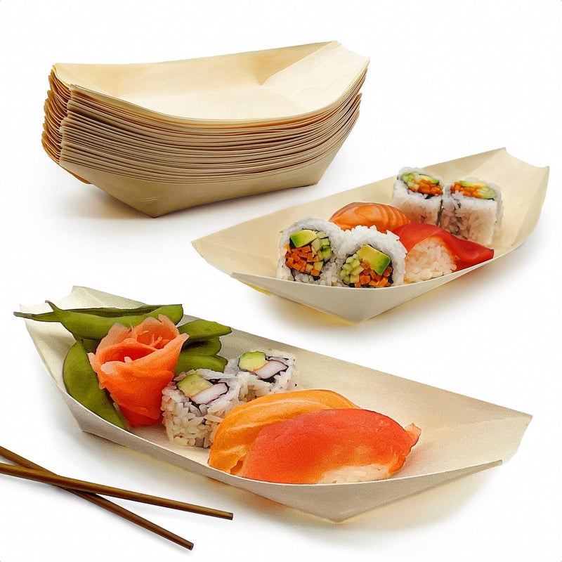 Avant Grub 50 Pk Extra Large 10 Biodegradable Sushi Boats 100 Disposable Appetizer Plates Compostable Natural Wood Food Trays Sturdy Poplar Serving Dish EcoFriendly Bamboo Sushi and Sashimi Party Kit - Image 1
