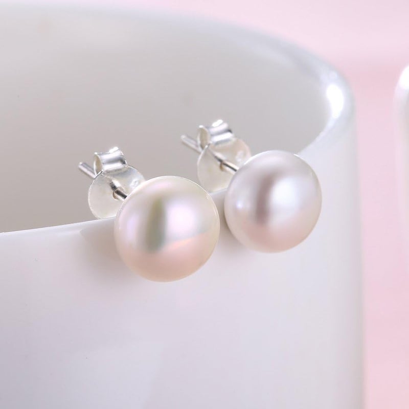 Alyc Pearl Earrings Freshwater Pearl White Button Stud Earrings with 925 Sterling Silver for Women - Image 4