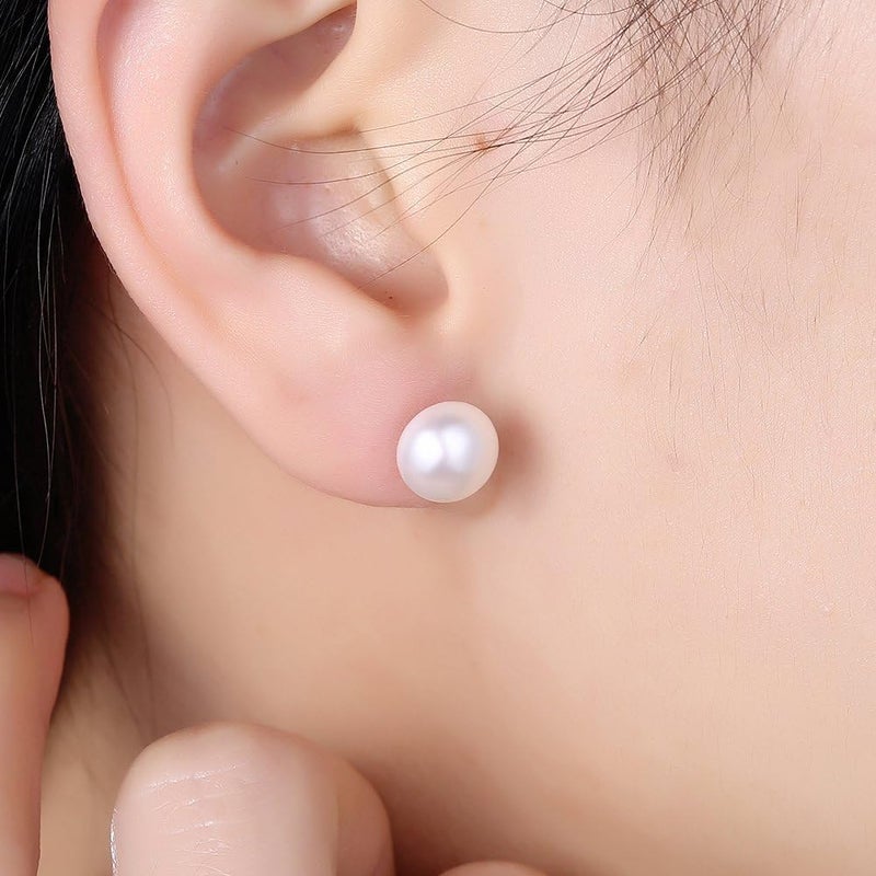Alyc Pearl Earrings Freshwater Pearl White Button Stud Earrings with 925 Sterling Silver for Women - Image 2