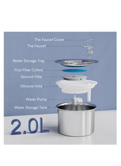 Furtey Smart Automatic Stainless Steel Cat Water Fountain, 67oz/2L Automatic Pet Fountain Dog Water Dispenser with Replacement Filters & Silicone Mat for Cats, Dogs, Multiple Pets (Silver)  - Image 2