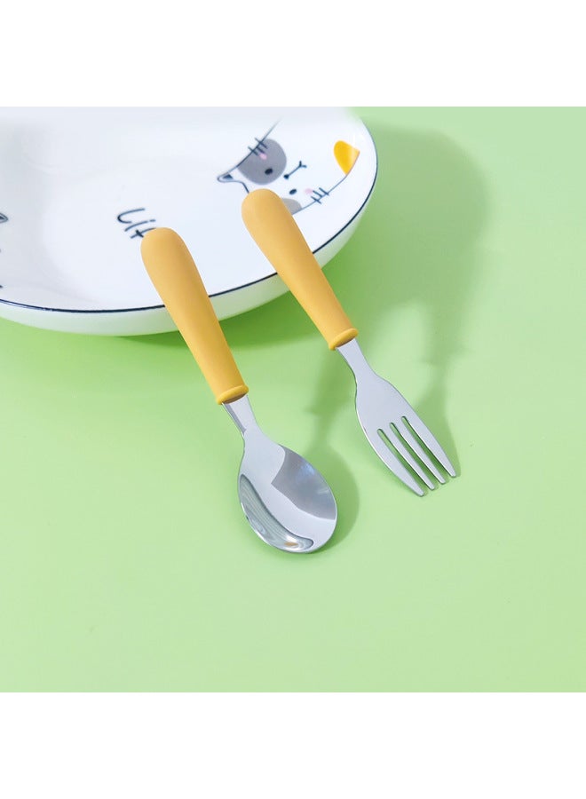 Silicone Children's Fork Spoon Suit Short Handle 304 Stainless Steel Tableware Portable Fork Spoon Two-piece Dessert Spoon Cake Spoon-Specifications:Ginger - Image 1