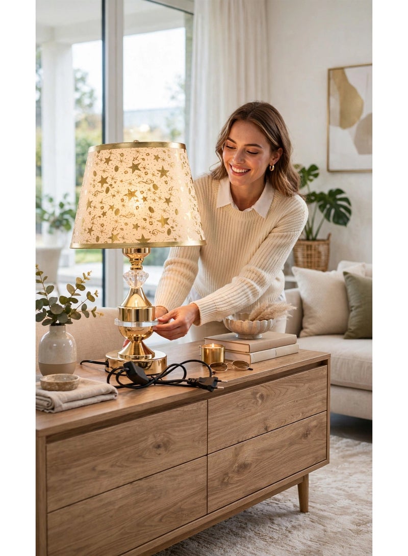 DubaiGallery Decorative Gold Table Lamp 38CM Featuring Elegant Crystal Ornament, Stylish Fabric Lampshade and Classic Metallic Finish, Perfect Bedside Night Light for Bedroom, Living Room, Office, Study, Hotel and Home Décor - Image 3
