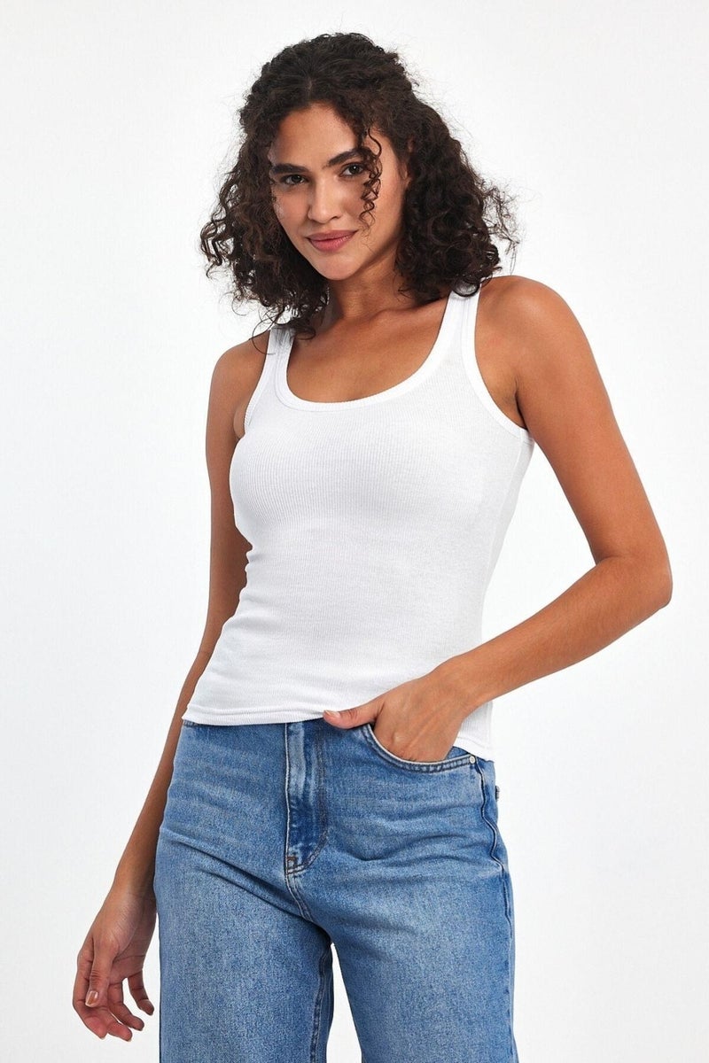 mmetalic Women's White Ribbed Look Strappy Thick Basic Athlete Blouse  - Image 2